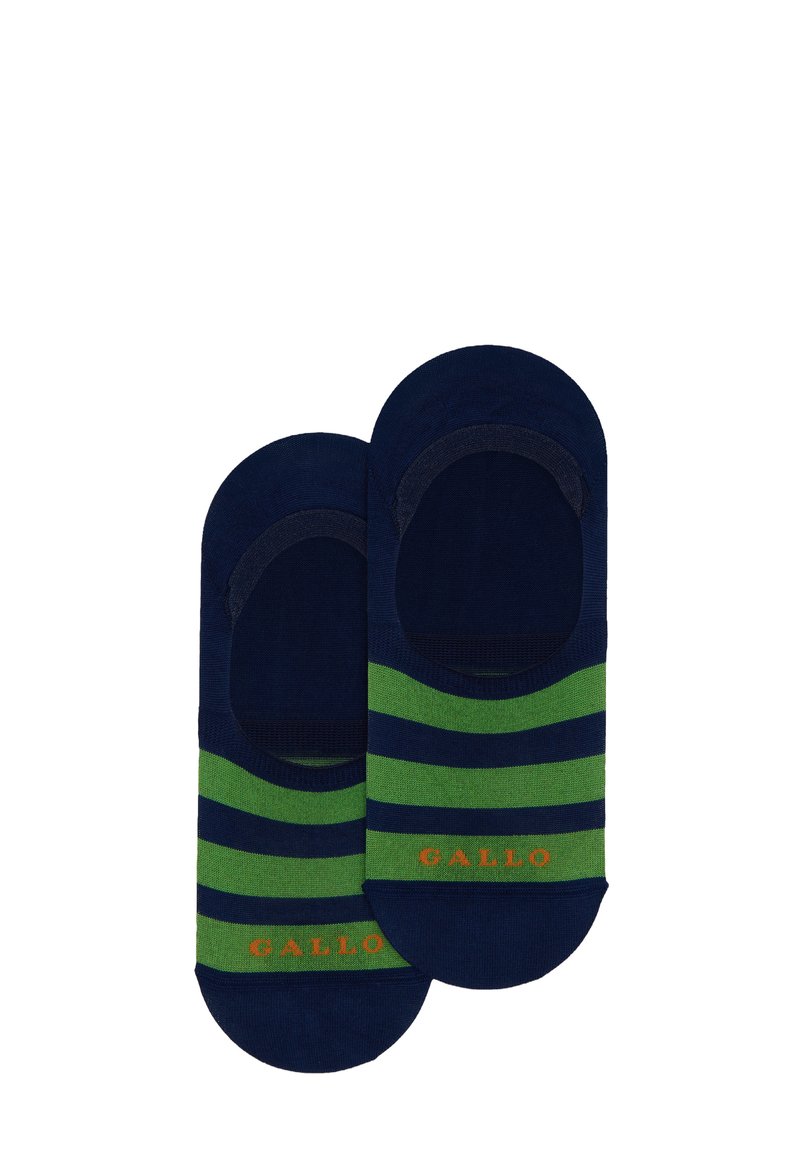 Calze a righe blu navy e verde con un design a taglio basso, texture morbida e logo 'GALLO' arancione. Realizzate in materiale traspirante.