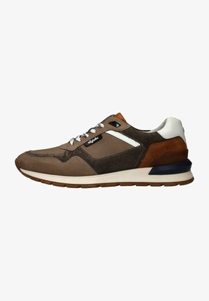 Brown sneaker with a combination of suede and mesh materials, featuring white accents and a cushioned black sole. Laced design and logo detail.