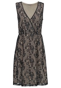 Robe en dentelle noire avec un profond décolleté en V, motif floral et taille cintrée. Dotée d'un tissu léger et transparent ainsi que d'une jupe évasée.