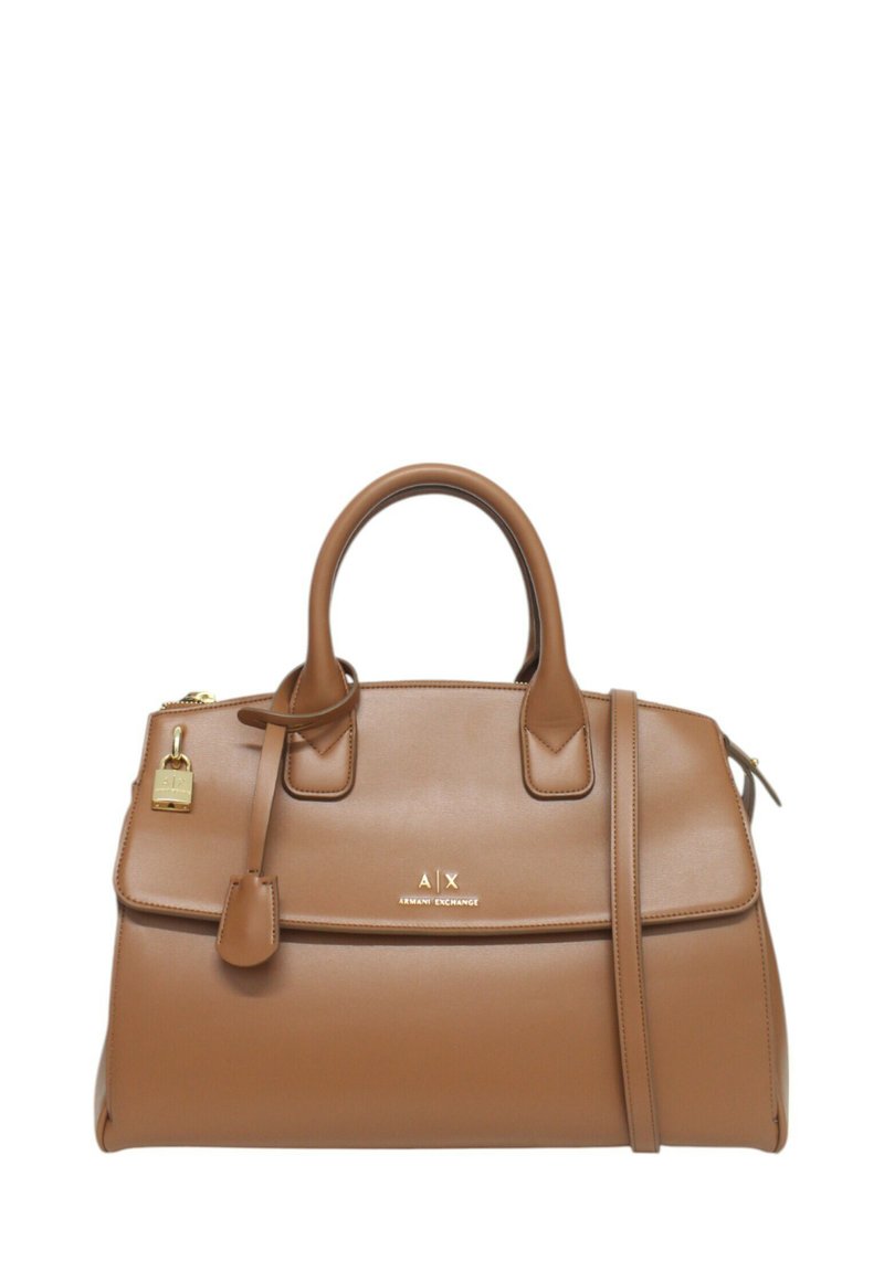 Borsa in pelle marrone con doppi manici superiori, tracolla rimovibile, chiusura con zip, hardware dorato, logo in rilievo e lucchetto attaccato.