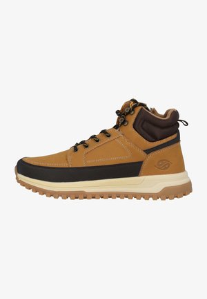 Mid-top brown and black hiking boots with rubber soles, textured accents, and contrasting stitching. Features robust lacing and cushioned ankle support.