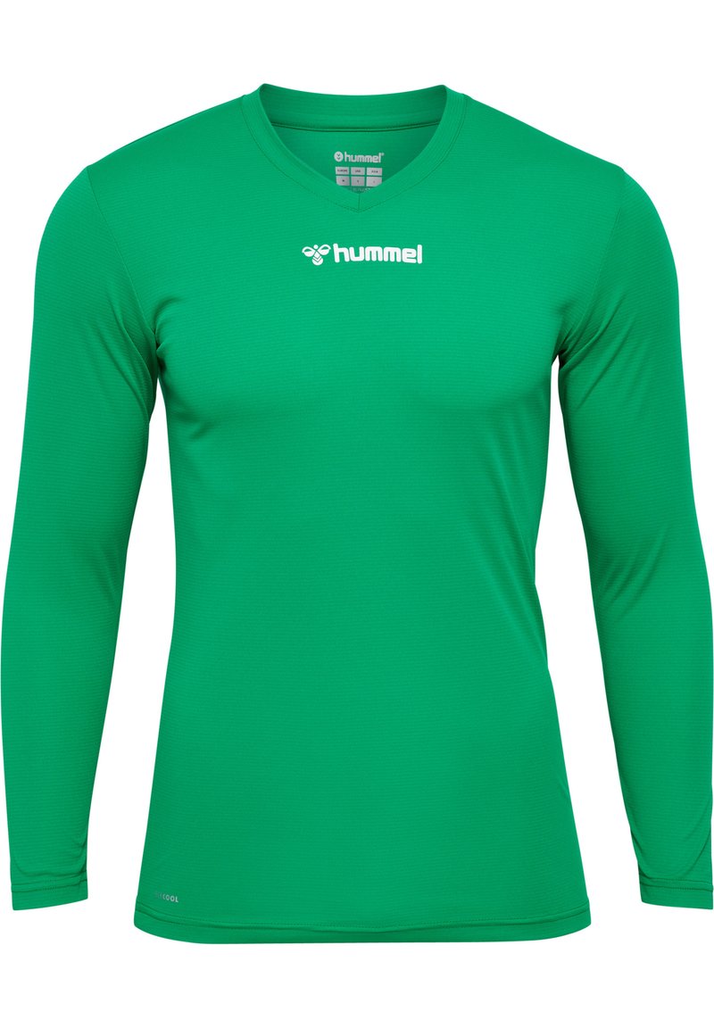 Grünes Langarm-Sportshirt aus strukturiertem Stoff. Verfügt über einen V-Ausschnitt und ein kleines weißes Logo auf der Brust.