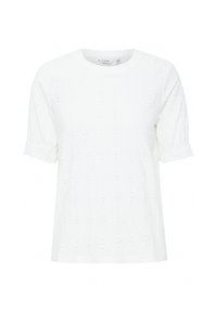 Top bianco a maniche corte con scollatura rotonda, caratterizzato da motivi a occhiello texturizzati e maniche a sbuffo con orli arricciati.