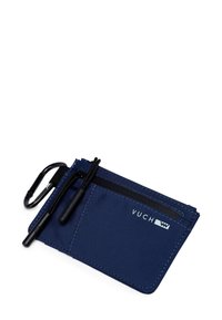 Navy blue nylon wallet with a zipped pocket, black accents, and a carabiner attached; features a "VUCH" logo on the front.