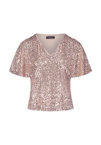 Top a manica corta e scollo a V in paillettes oro rosa. Presenta una vestibilità ampia con una fodera interna liscia, progettato per un effetto scintillante.