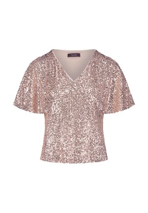 Haut à manches courtes en sequins or rose avec décolleté en V. Caractéristiques d'une coupe ample avec une doublure intérieure lisse, conçu pour un effet scintillant.