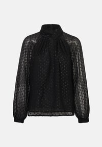 Blouse noire avec manches longues transparentes, encolure plissée, texture à pois et léger scintillement. Caractérisée par un ourlet ajusté et un tissu doux.