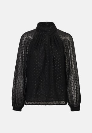 Blouse noire avec manches longues transparentes, encolure plissée, texture à pois et léger scintillement. Caractérisée par un ourlet ajusté et un tissu doux.
