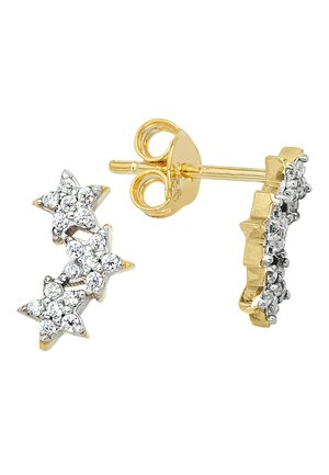 Gold- und silberne sternförmige Ohrringe mit klaren Edelstein-Akzenten, die drei Sterne in einer Gruppe und ein einfaches Stern-Design zeigen.