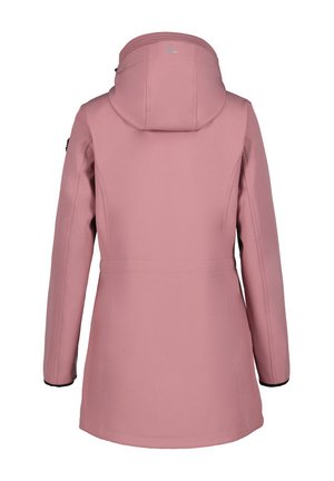 Rosa softshell-jacka med huva, med en figursydd design och kontrasterande svarta muddarna. Slät textur och minimalistisk stil.