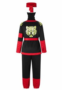 Schwarzer und roter Trainingsanzug mit einem Tiger-Graphic auf dem Oberteil, langen Ärmeln und dekorativen Mustern auf der Hose und den Bündchen. Inklusive passendem Kopfband.