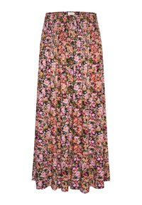 Jupe maxi fleurie avec une taille smockée, présentant un imprimé vibrant de fleurs rose, violet et vert sur un fond beige. Tissu léger.