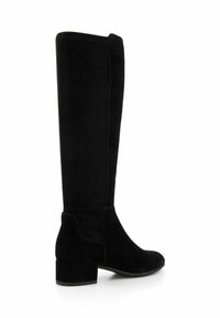 Bottes noires montantes en daim, avec un talon bloc et une texture lisse. Design épuré sans motifs ni embellissements visibles.