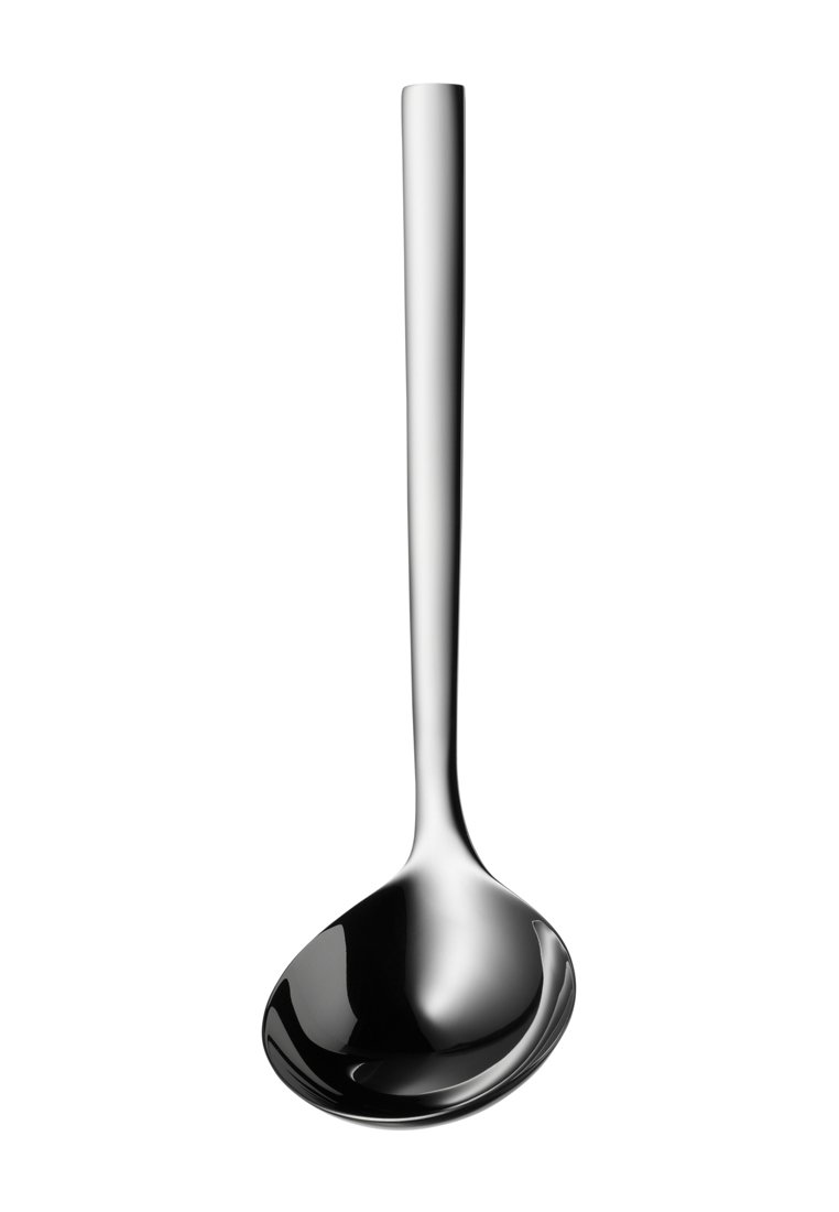 Ćwierćprzeźroczysta łyżka ze stali nierdzewnej z długim, gładkim uchwytem i głęboką, zaokrągloną misą. Odbijająca powierzchnia z eleganckim, nowoczesnym wzornictwem.