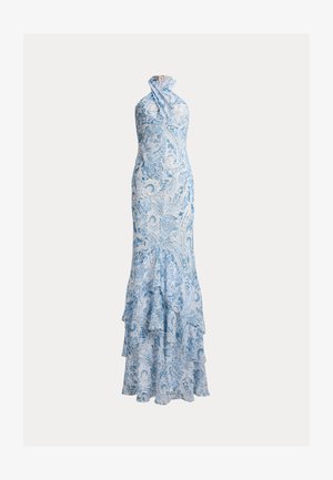 Garām kleita bez piedurknēm ar zilas un baltas paislija rakstu, ar haltera kakla izgriezumu un pakāpienu dažādos slāņos ar volāniem uz svārkiem.