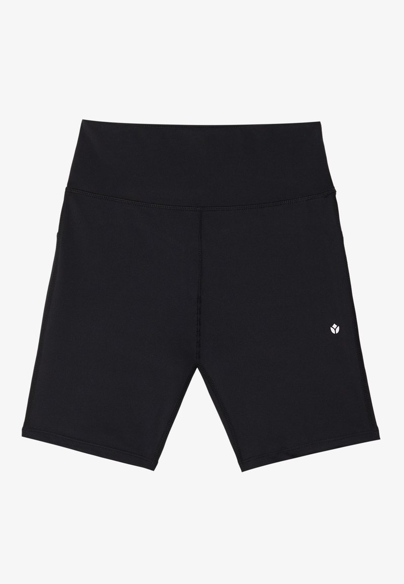 Crne sportske kratke hlače s visokim strukom, izrađene od rastezljivog materijala. Na lijevoj nozi nalazi se kontrastni bijeli logo. Šavovi s ravnim šivanjem.