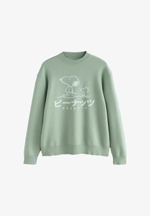 Világoszöld kereknyakú pulóver Snoopy és Woodstock rajzokkal, valamint japán szöveggel a "PEANUTS" szó felett az elején.