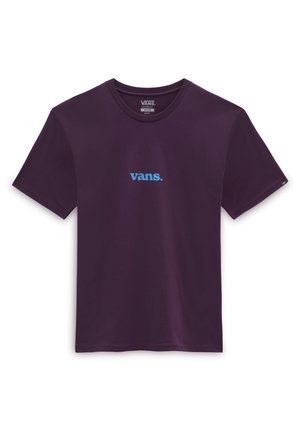 Ciemnofioletowa koszulka Vans z krótkimi rękawami i jasnoniebieskim logo "vans." na środku piersi, klasyczny krój, rozmiar średni.