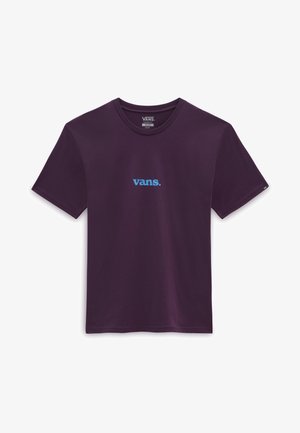 T-shirt Vans violet foncé à manches courtes avec logo "vans." bleu clair centré sur la poitrine, coupe classique, taille moyenne.