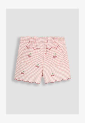 Roosa ruuduline lühike püksid, mille ääred on sakilised ja mis on kaunistatud punaste ja roheliste tikanditega kirsimotiivide näol. Painduva paelaga kummivöö.