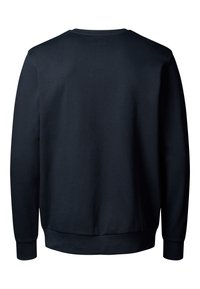 Sweat-shirt bleu marine foncé avec un tissu texturé, col rond, poignets et ourlet côtelés. Le dos est uni sans motifs ni détails supplémentaires.