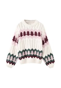 Pull en tricot avec un col rond, présentant une base blanche et des motifs en bordeaux, vert et rose ; manches volumineuses et poignet en côtelé.