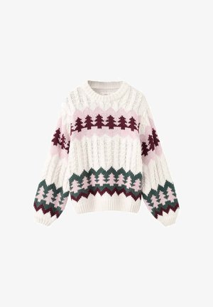 Pull en tricot avec un col rond, présentant une base blanche et des motifs en bordeaux, vert et rose ; manches volumineuses et poignet en côtelé.