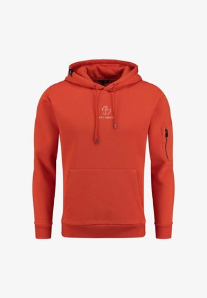 Rode hoodie met een voorzak in kangoeroestijl, verstelbare koordjes en een ritszak op de mouw. Gemaakt van een glad, flexibel materiaal.