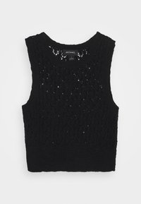 Schwarzes gestricktes ärmelloses Top mit spitzenähnlicher Textur, ausgestattet mit einem runden Halsauschnitt und geripptem Saum. Etikett innen sichtbar.