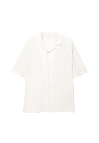 White short-sleeve button-up shirt with a textured fabric, a relaxed collar, and subtle wrinkles, featuring five buttons down the front.