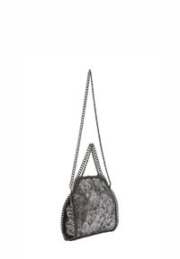 Gray textured handbag with a chain strap, featuring a distinctive shape and stitched edges. The material has a soft appearance.
