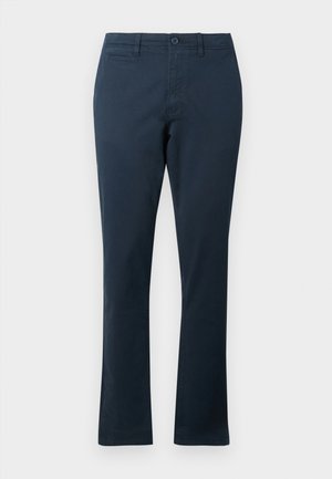 Pantaloni blu navy in misto cotone con design a gamba dritta, dotati di tasche anteriori, chiusura con bottone e passanti per cintura. Texture liscia.