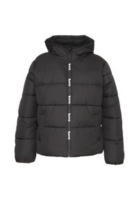 Giacca a vento nera con cappuccio, dotata di sezioni cucite, chiusura con zip e dettagli con logo lungo la parte anteriore. Tessuto liscio, materiale caldo.
