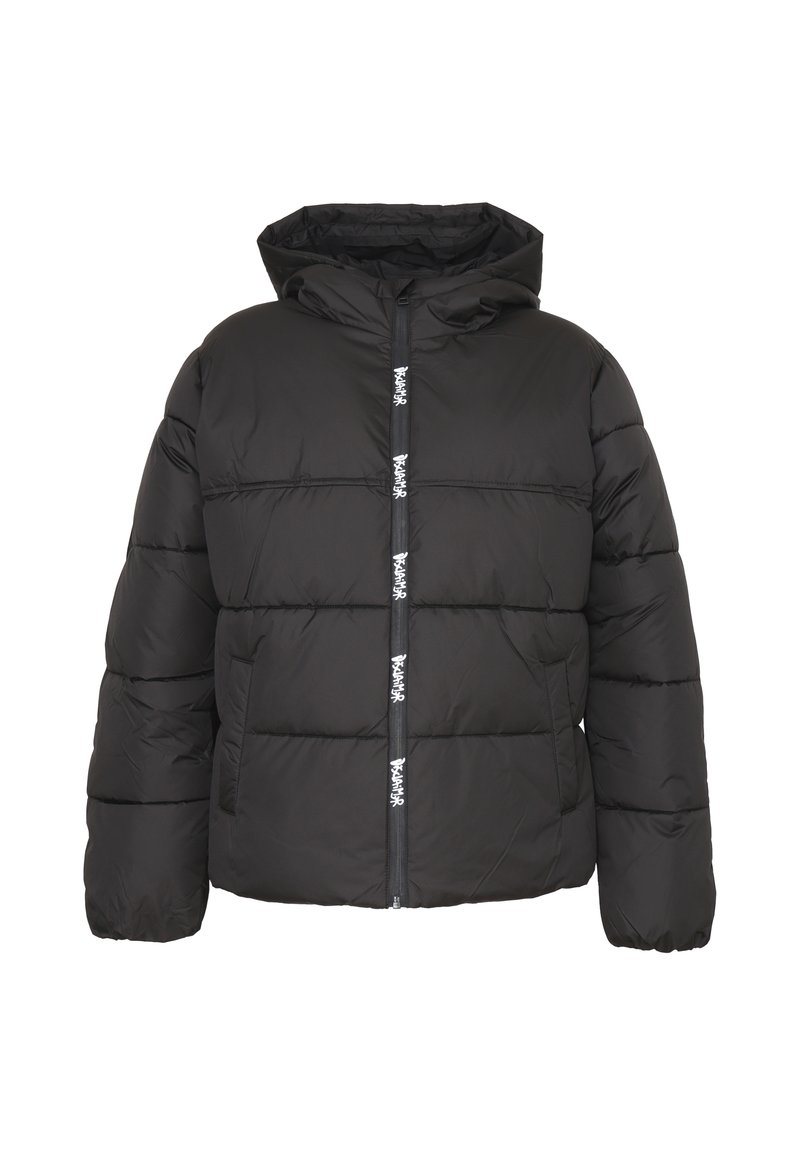 Giacca a vento nera con cappuccio, dotata di sezioni cucite, chiusura con zip e dettagli con logo lungo la parte anteriore. Tessuto liscio, materiale caldo.