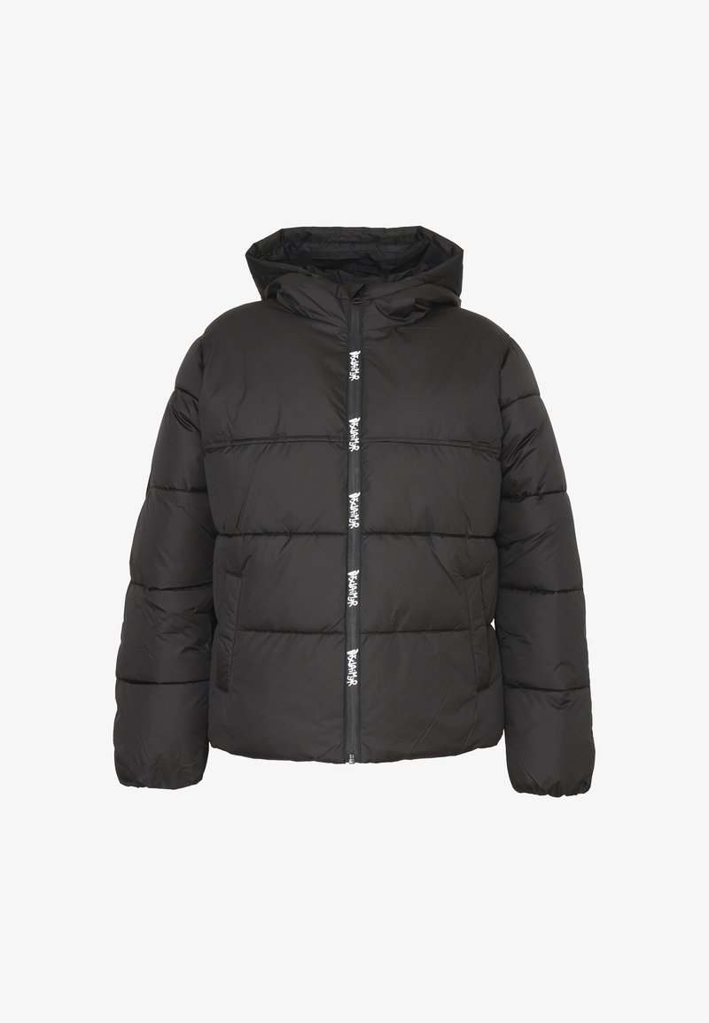 Giacca a vento nera con cappuccio, dotata di sezioni cucite, chiusura con zip e dettagli con logo lungo la parte anteriore. Tessuto liscio, materiale caldo.