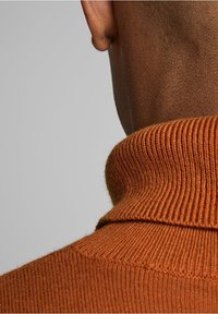 Primo piano del collo e dell'orecchio di una persona che indossa un maglione a collo alto a coste di colore arancione bruciato su uno sfondo grigio semplice.