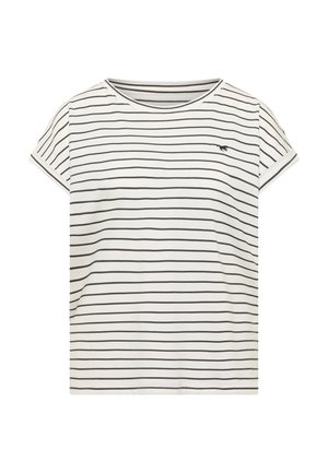 Weißes Kurzarmhemd mit dünnen schwarzen horizontalen Streifen und kleinem schwarzem Pferdelogo auf der linken Brust.