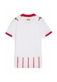 Witte sportjersey met rode accenten, voorzien van een ronde kraag en korte mouwen. Inclusief horizontale rode strepen aan de zoom en een logo op de schouders.