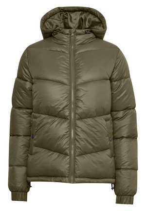 Veste matelassée vert olive avec capuche, dotée d'une fermeture éclair à l'avant, de poignets élastiques et d'un design matelassé en chevron pour une isolation supplémentaire.