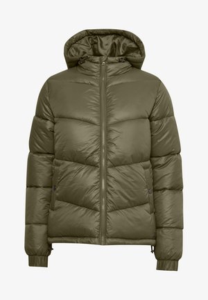 Olijfgroene pufferjack met capuchon, met een ritssluiting aan de voorkant, elastische manchetten en een chevron-quilt ontwerp voor extra isolatie.