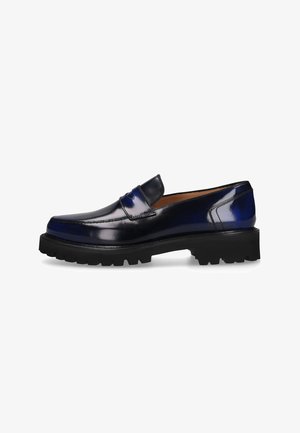 Marineblaue Lederloafers mit glänzender Oberfläche, ausgestattet mit einer flachen, robusten schwarzen Sohle und dekorativen Nähten auf der Vorderseite.