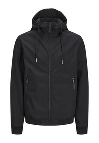 Schwarze Jacke mit Kapuze, aus glattem Stoff. Verfügt über einen frontalen Reißverschluss, zwei seitliche Reißverschlusstaschen und elastische Bündchen.