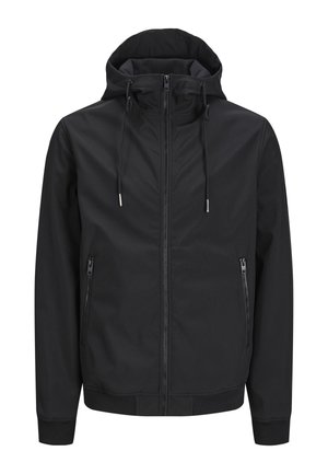 Giacca nera con cappuccio, realizzata in tessuto liscio. Presenta una zip frontale, due tasche laterali con zip e polsini elastici.