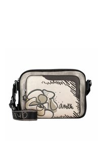 Borsa a tracolla beige con design floreale, dettagli neri, chiusura con zip e tracolla regolabile. Superficie testurizzata con dettagli decorativi.