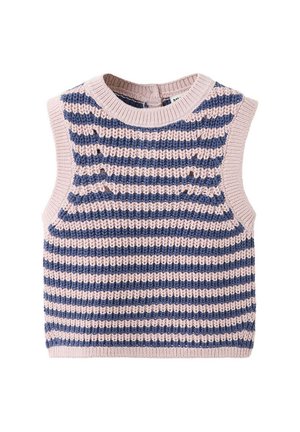 Gilet tricoté sans manches avec des rayures horizontales roses et bleues et un col rond.