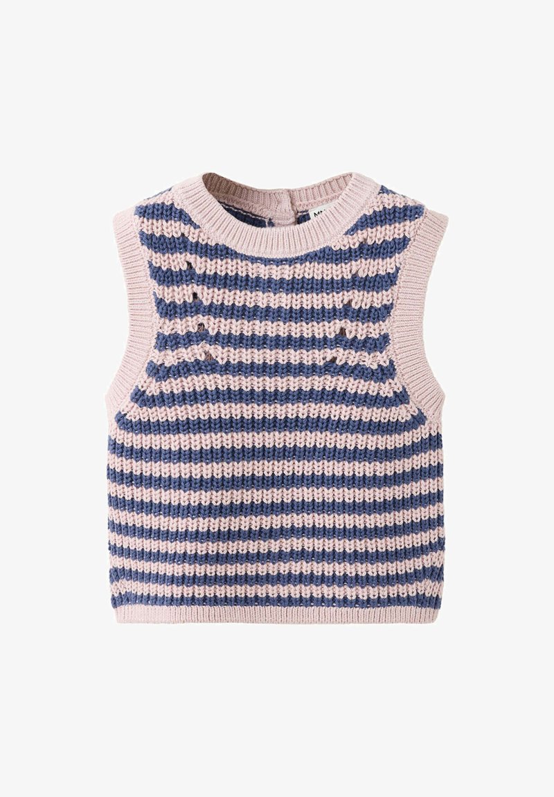 Gilet tricoté sans manches avec des rayures horizontales roses et bleues et un col rond.