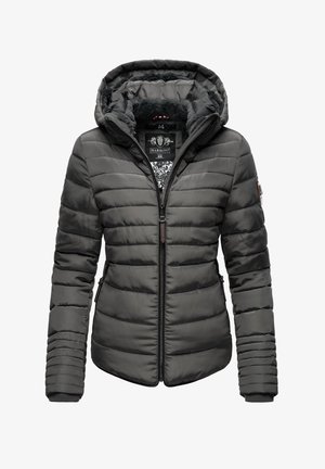 Gray puffer jacket with a fitted design, hood, zip closure, and ribbed cuffs. Features horizontal stitching and a warm, textured interior.
