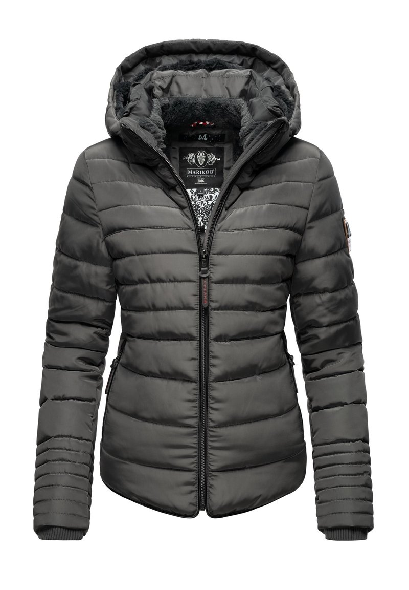 Gray puffer jacket with a fitted design, hood, zip closure, and ribbed cuffs. Features horizontal stitching and a warm, textured interior.