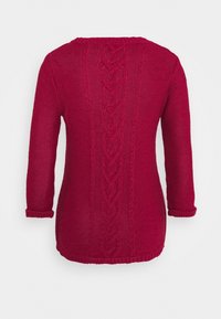 Červený pletený svetr s texturovaným copánkovým vzorem na zádech, tříčtvrtečními rukávy a žebrovanými manžetami a výstřihem.