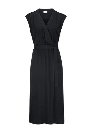 Ärmelloses schwarzes Midikleid zum Wickeln mit V-Ausschnitt, geraffter Taille und passendem Stoffgürtel, der seitlich gebunden wird.